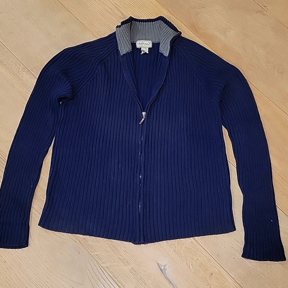 Blue 100% cotton David Bitton zip up mock-neck sweater, large